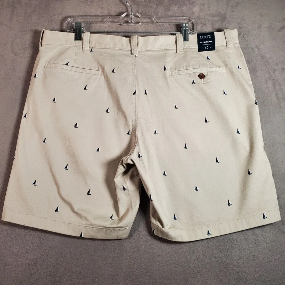 J Crew Chino Shorts Mens 40 Beige All Over Sailboat Print Embroidered Preppy NEW
